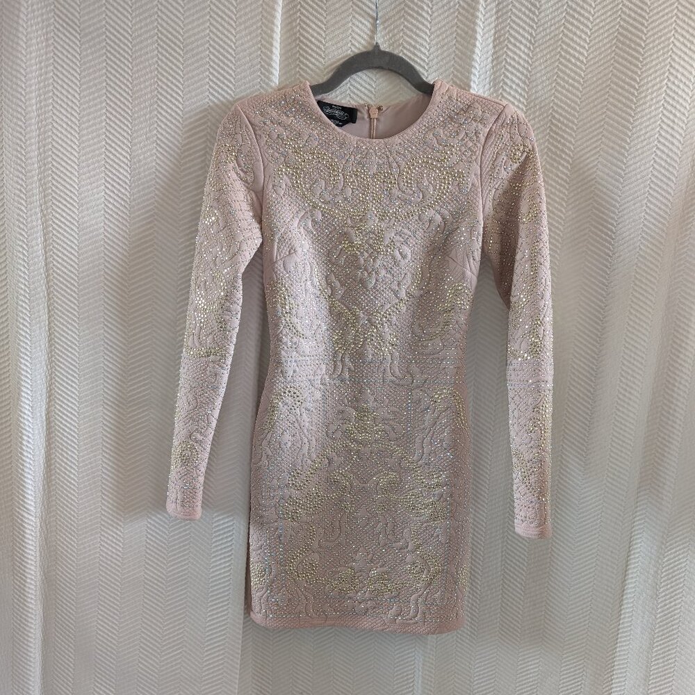 Bebe Addiction Bejeweled Bodycon Mini Dress Dusty Rose Soft Pink Long Sleeve XXS - Picture 7 of 12